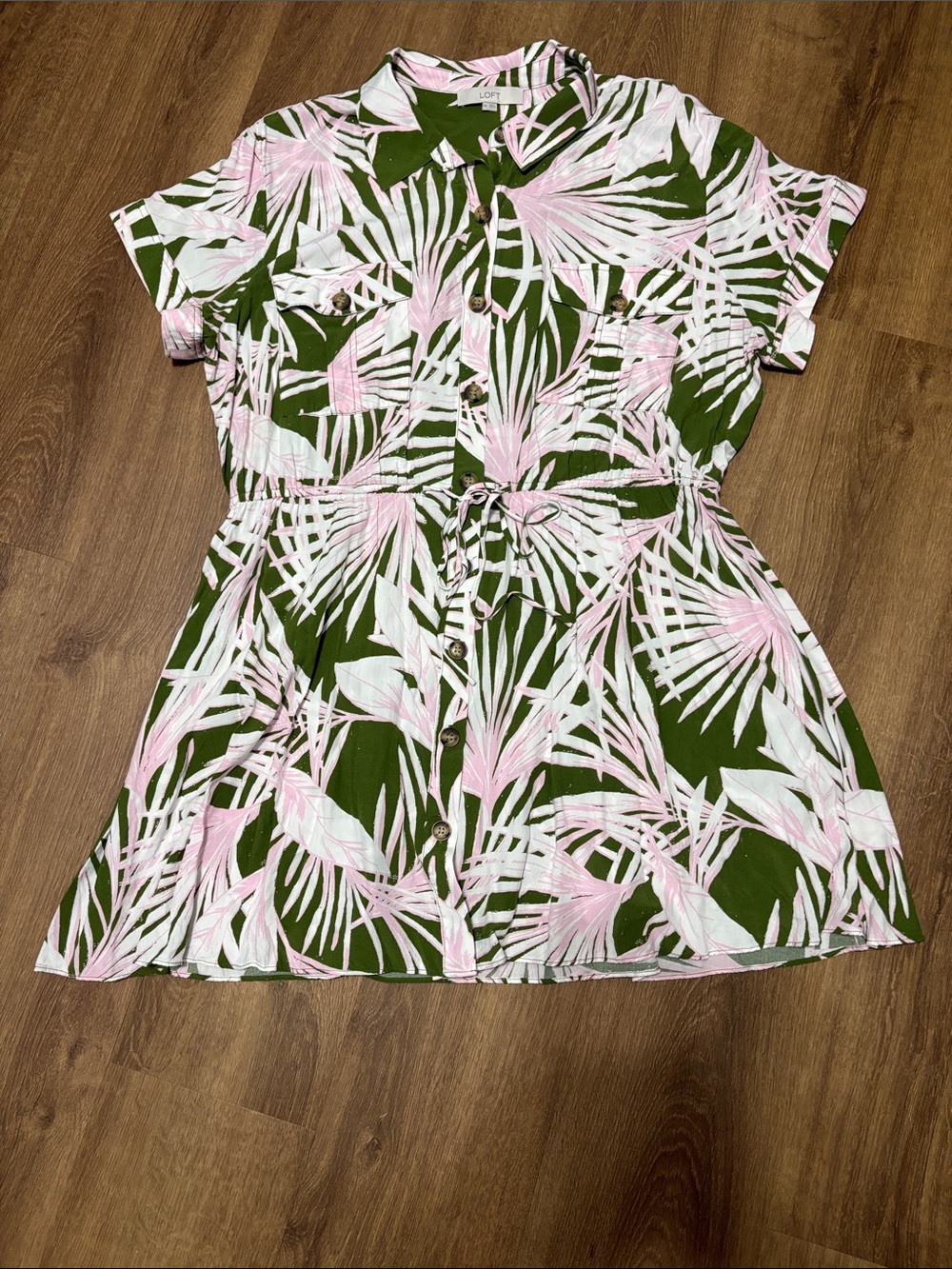 LOFT Olive Green and Light Pink Tropical Shirt Dress Size XXL